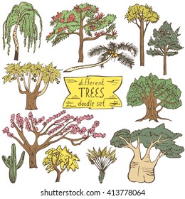 Different trees doodle set. Vector hand drawn illustration, isolated on white background.