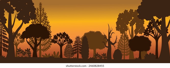 Different trees in the forest or in the park in the hot summer. Trees silhouette with sunset. Vector illustration.
