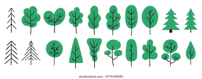 different trees hand drawn doodle painted colorful green trees. Summer forest trees cartoon drawing kids cute elements. Vector illustration