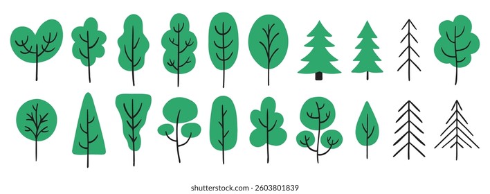 different trees hand drawn doodle painted colorful green trees. Summer forest trees cartoon drawing kids cute elements. Vector illustration