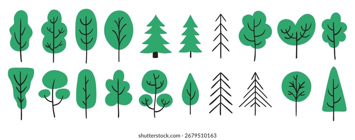 verschiedene Bäume handgezeichnet doodle gemalt bunte grüne Bäume. Sommer Wald Bäume Cartoon Zeichnung Kinder niedliche Elemente. Vektorgrafik