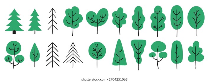 Diferentes árboles dibujados a mano doodle pintado árboles verdes de colores. Árboles del bosque del verano dibujos animados de los niños Elementos lindos. Ilustración vectorial