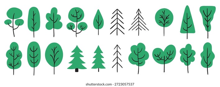Diferentes árboles dibujados a mano doodle pintado árboles verdes de colores. Árboles del bosque del verano dibujos animados de los niños Elementos lindos. Ilustración vectorial