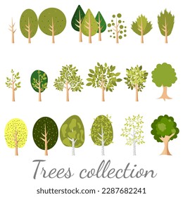 Different trees isolated on white background. Cute green plants, forest.