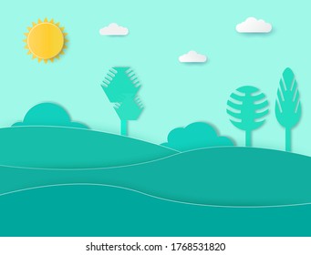 Diferentes árboles en el fondo de la colina y el cielo azul ilustran el estilo de arte del papel.