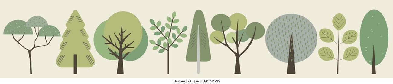 Different trees painting in cartoon flat design style. Collection of plants as eco symbol