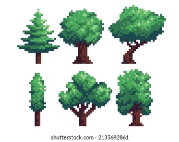 Different trees pixel art icon set. Forest flora species logo collection. 8-bit sprite. Game development, mobile app.  Isolated vector illustration.