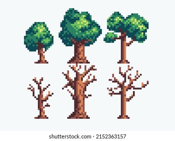 Different trees pixel art icon set. Forest flora species logo collection. 8-bit sprite. Game development, mobile app. Isolated vector illustration.