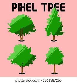 Different trees pixel art icon set. Forest flora species logo collection. 8-bit sprite. Game development, mobile app. Isolated vector illustration.