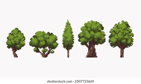 Different trees pixel art icon set. Forest flora species logo collection. 8-bit sprite. Game development, mobile app. Isolated vector illustration.