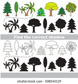 Different trees set with shadows to find the correct one. Game to compare and connect objects and true shadows, the educational kid gaming, logic game with simple game level for preschool children.