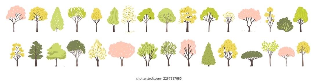 Different trees set with summer green, autumn orange foliage, spring pink blossom. Simple drawn illustrations of forest wood. Vector season landscape design