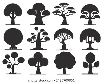 Diferentes siluetas de árboles, iconos negros, ilustración vectorial