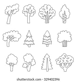 Different trees. Vector icons, hand-drawn.