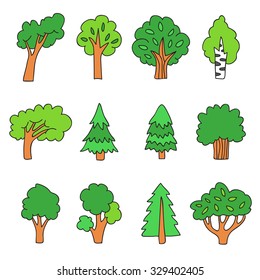 Different trees. Vector icons, hand-drawn.