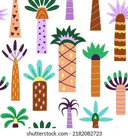 Different trendy palm with leaf. Abstract decorative palms seamless pattern. Summer ocean exotic plants, doodle style flat decent vector fabric print