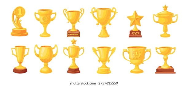 Different trophy cups. Win competition golden goblets shape, winner award prize champion success achievement shelf sport game triumph gold bowl trophies neat vector illustration