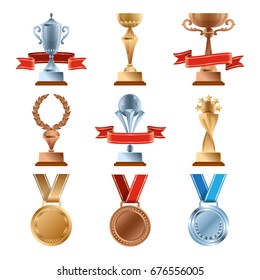 Different trophy set. Championship gold award. Golden, bronze and silver medal and cups of winners