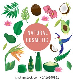 Different tropical elements, palm leaves, bird, tropical flowers, fruits, cosmetic items, jars, bottles.