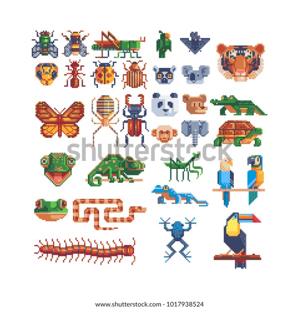 Different tropical jungle animal  set.\
Pixel art 80s style icons. Element design for stickers, logo,\
embroidery and mobile app. Video game assets sprite sheet. Isolated\
vector illustration.