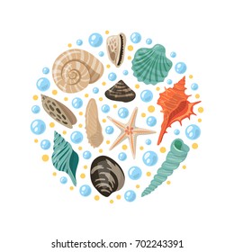 Different tropical shells in circle shape. Vector aquatic concept illustrations. Tropical shell marine underwater, conch frame spiral
