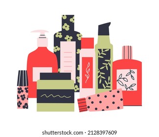 Different tubes, bottles, jars of woman cosmetics on a white background. Set of skincare accessories. Beauty and wellness products. Vector flat illustration