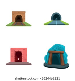 Different tunnel icons set cartoon vector. Interior of walkway tunnel road. Infrastructure concept