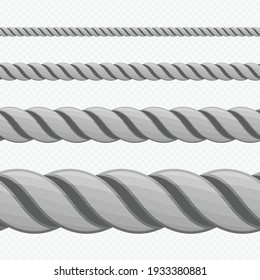 Diferente cuerda de espesor gris de dos líneas. Conjunto vectorial de cuerdas de diferentes tamaños. Patrón transparente. Vista superior. 