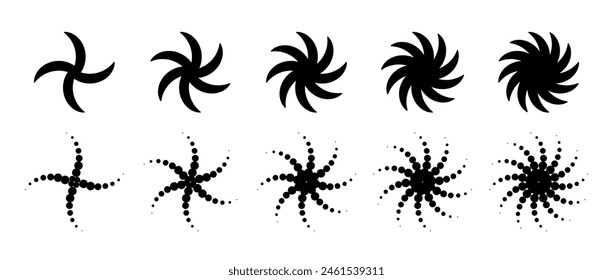 Different twist or swirl element set. Black twirl and rotating line collection. Solid and dotted radial revolving whirlwind symbol bundle. Tornado or whirlpool rotation effects. Vector graphic design