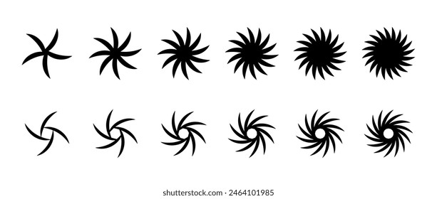 Different twist and swirl element set. Black dotted twirl and rotating lines collection. Circular radial dashed revolving whirlwind symbols bundle for graphic design. Vector pack