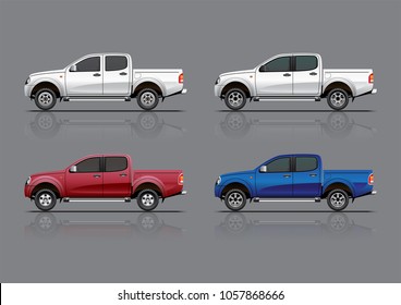 different type of 4 doors pickup truck, isolated on grey background, vector illustration.