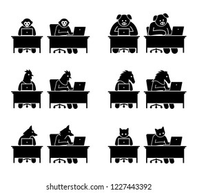 Different type of animals using computer to surf the Internet. Icons depict monkey, pig, chicken, horse, wolf, and cat working on a laptop and go online. 