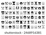 Different type of black and white vector cartoon dog faces for design.