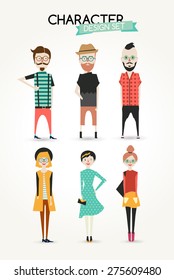 Different type of  boy and girl character illustration. Hipster style. Vector background.