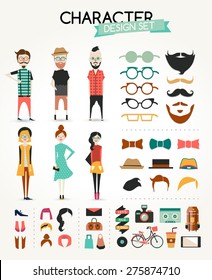 Different type of boy and girl character design set. info graphic concept background with icons. Hipster style.