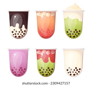 Different type of bubble tea in a plastic cup. Asian soft boba drink.