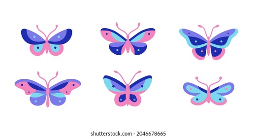Different type of butterfly. Colorful geometric print for pattern, clothing, packaging, stickers, logo, emblem.