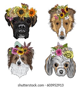Different type of cartoon dogs with exotic floral wreath. Hand drawn cute puppy girls with flowers. Illustration set with smiling doggy. Artistic canine vector characters.