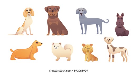 Diferentes tipos de perros de dibujos animados. ilustración vectorial de conjunto feliz.