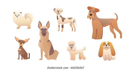Different type of cartoon dogs. happy dog set vector illustration.