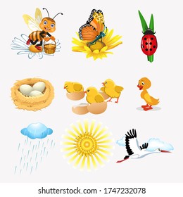 Different type of cartoon ducks, insect, sun, egg and kids vector