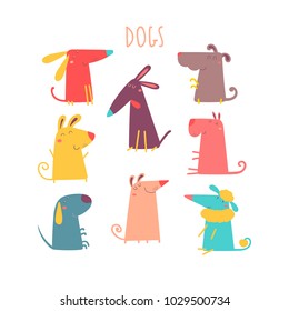 Different type of cartoon funny dogs. Vector set. 
