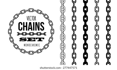 Different type of chains, black and white isolated vector illustration set. Design for stickers, logo, web and mobile app.