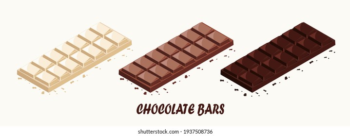 Different type of chocolate bars, white and dark cocoa snacks