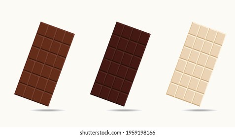 Different type of chocolate bars, white and dark cocoa snacks