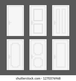 Different type closed white door isolated on gray background. Realistic wooden doors design set in different styles. Elements of architecture. Vector illustration EPS 10.