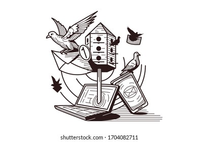 Different type of correspondence vector illustration. Development of letters delivery from pigeon mail to modern email flat concept. Birds with envelopes, laptop, smartphone in black and white colours