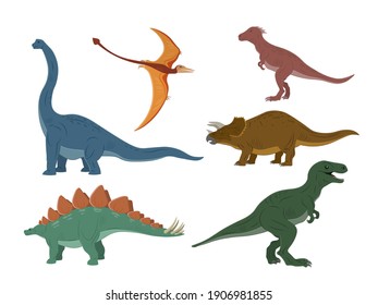 Different Type Of Dinosaurs Illustration. Dinosaurs Cartoon Character. Brachiosaurus, Pterodactyl, Tyrannosaurus Rex, Dinosaur Skeleton, Triceratops Stegosaurus