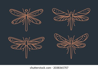 Different type of dragonfly. Contour vector illustration for prints, clothing, packaging, stickers, logo, emblem.