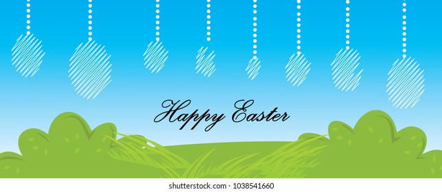 different type of easter egg hanging on chain. background landscape design and illustration for easter day.